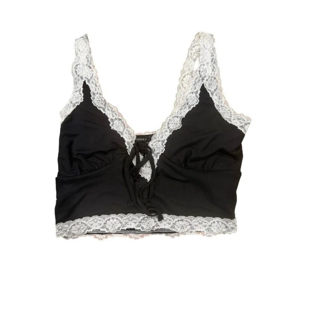 Forever 21 Small Black & White Cropped Lacey Tank Top 90s Y2K Vintage